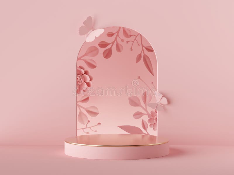 3d redă fond roz abstract. arcul floral și florile de hârtie. afișare produs de prezentare magazin gol royalty free illustration