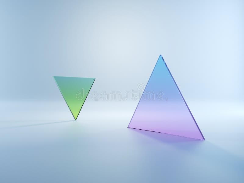 3d redă formele geometrice simple abstracte izolate pe fond alb. sticlă triunghiulară plană cu gradient violet verde royalty free illustration