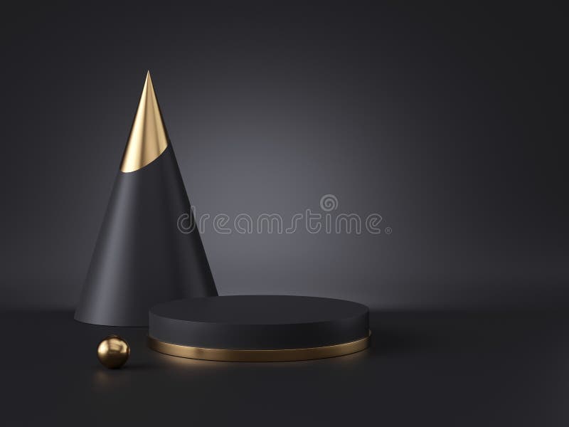 3d redă obiectele geometrice abstracte minimaliste izolate pe fond negru. eșantion gol cilindru podium gold metal. vector illustration