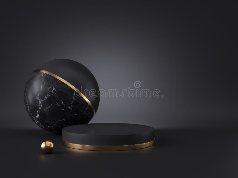 3d redă obiectele geometrice abstracte minimaliste izolate pe fond negru. mockup gol butelie podium gol bile aur vector illustration