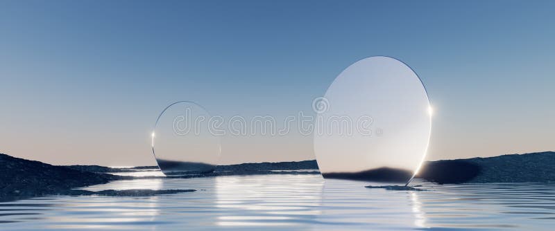 3d rendano astratto uno sfondo minimalista nordico paesaggio futuristico fantastico clima tranquillo con specchio d'acqua calmo royalty illustrazione gratis