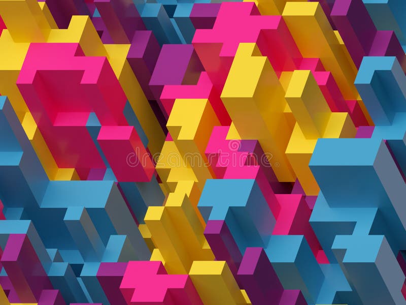 3d rendem, ilustração digital, azul amarelo cor-de-rosa, fundo abstrato colorido, teste padrão do voxel