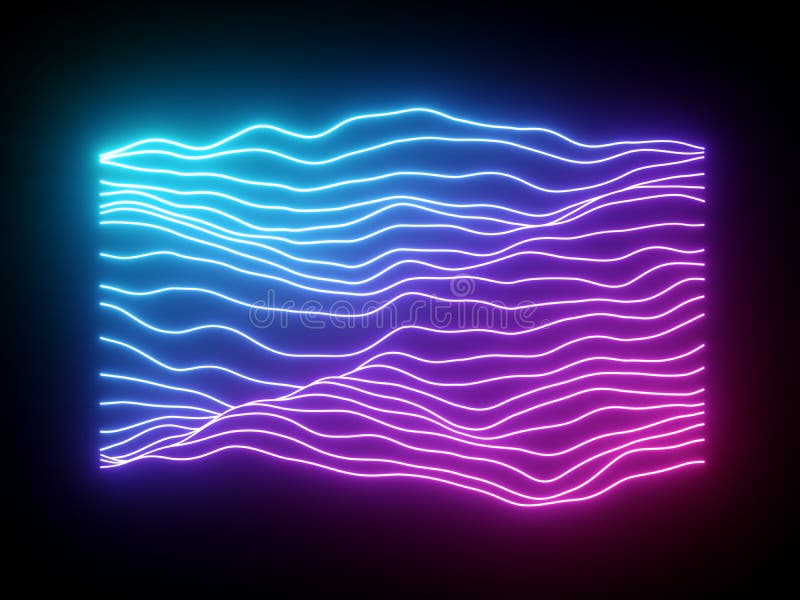 3d rendem, linhas de néon onduladas azuis cor-de-rosa, equalizador virtual da música eletrônica, visualização da onda sadia, sumá
