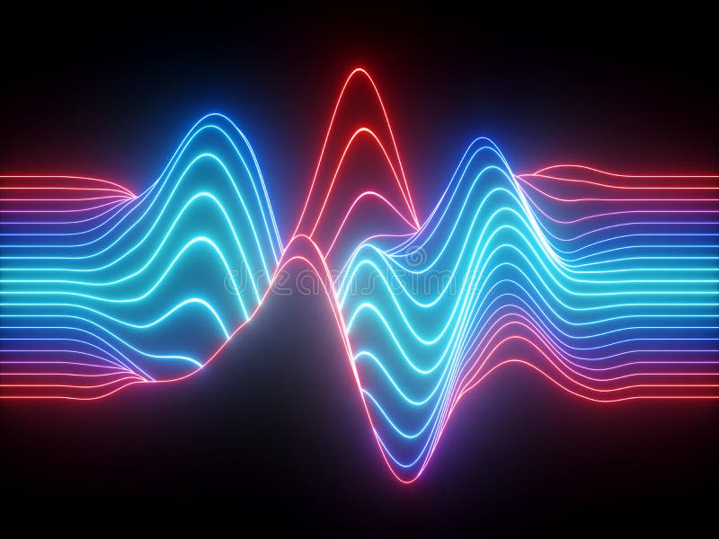 3d rendem, linhas de néon onduladas azuis vermelhas, equalizador virtual da música eletrônica, visualização da onda sadia, sumári