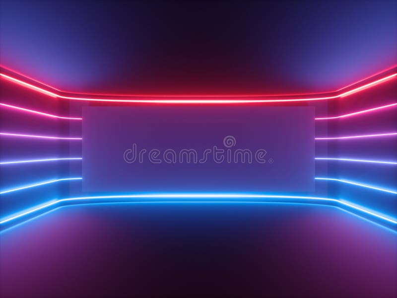 3d rendem, luz de néon azul vermelha, linhas de incandescência, tela horizontal vazia, espectro ultravioleta, sala vazia, fundo a
