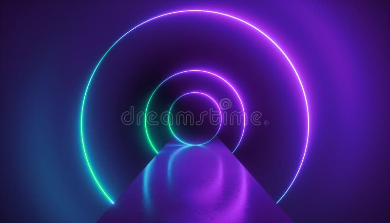 3d rendem, pódio da forma, ambiente da realidade virtual, luz de néon, portal redondo, anéis, túnel, fundo abstrato ultravioleta