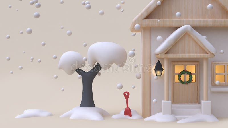 3d rendering abstract nature background with snow tree house wood toy cartoon style winter snow new year concept minimal cream background. 3d rendering abstract nature background with snow tree house wood toy cartoon style winter snow new year concept minimal cream background