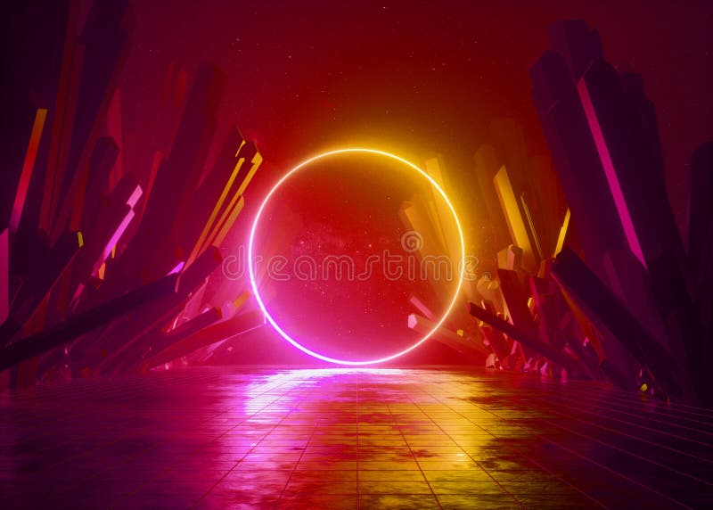 3d render, abstract background, cosmic landscape, round portal frame, red neon light, virtual reality, energy, glowing fire ring royalty free illustration
