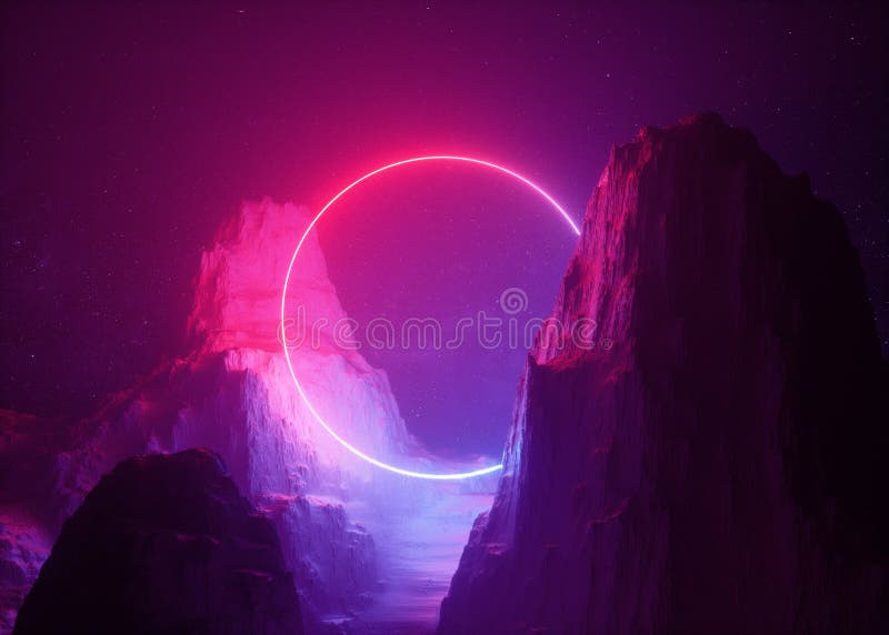 3d render, abstract background, cosmic landscape, round portal, pink blue neon light glowing, virtual reality, energy source stock illustration