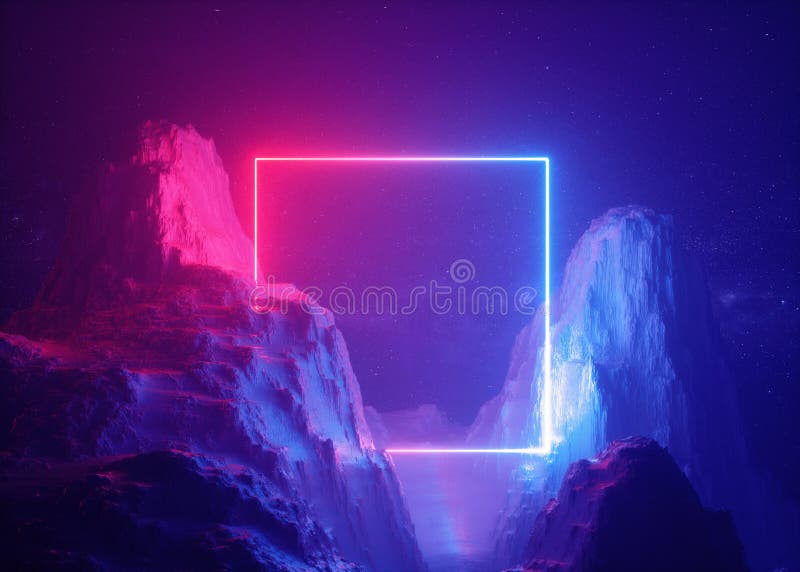 3d render, abstract background, cosmic landscape, square portal pink blue neon light glowing, virtual reality, energy source