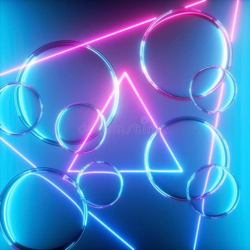 3d render, abstract background with glass balls and glowing laser triangles, translucent bubbles and pink blue neon light