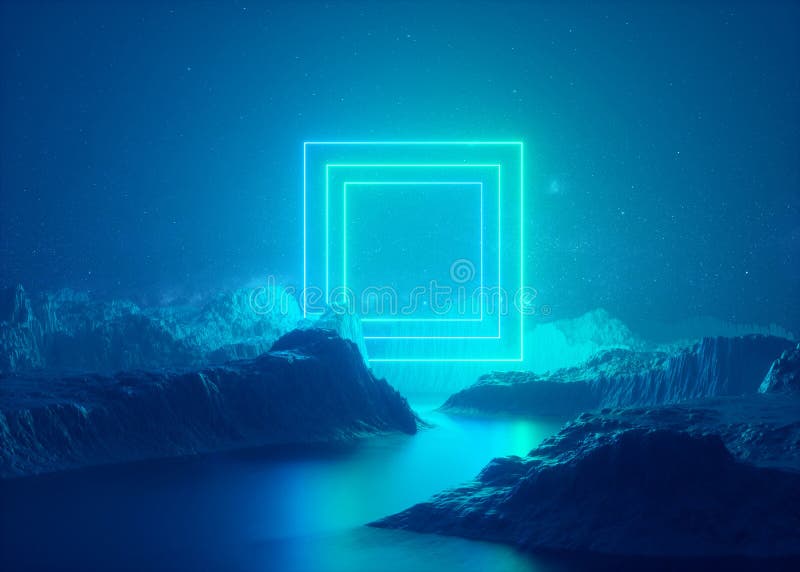 3d render, abstract background, rectangular portal, glowing square frame, smog, fog, landscape, virtual reality space royalty free illustration