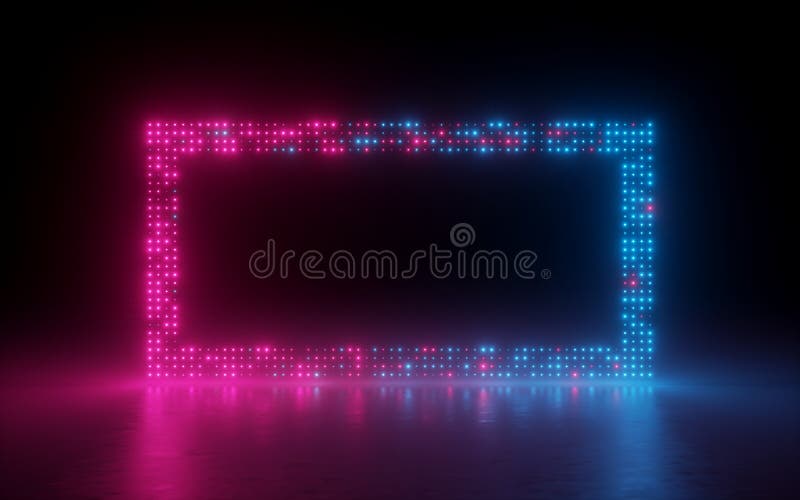 3d render, abstract background, screen pixels, glowing dots, neon light, virtual reality, ultraviolet spectrum, pink blue stage stock illustration