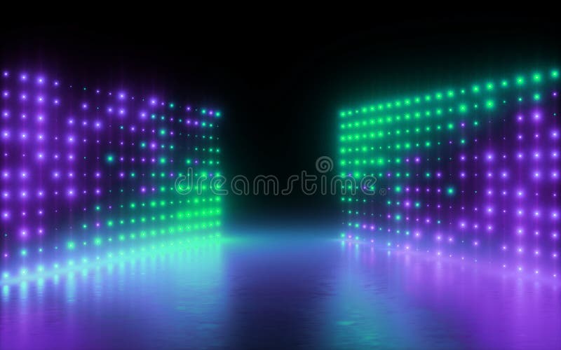 3d render, abstract background, screen pixels, glowing dots, neon lights, virtual reality, ultraviolet spectrum, laser show stage vector illustration