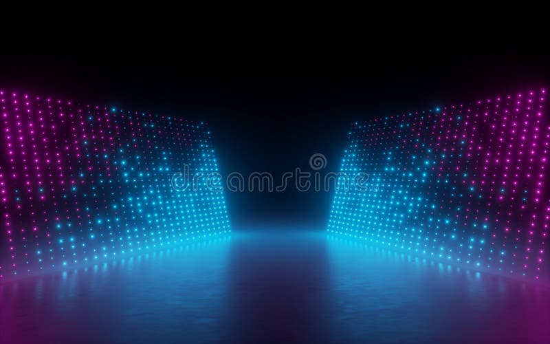 3d render, abstract background, screen pixels, glowing dots, neon lights, virtual reality, ultraviolet spectrum, pink blue stage stock illustration