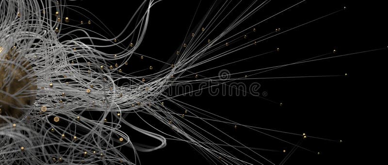 3d render abstract background for wallpaper design. Poster, banner. Lines and golden spheres on black backdrop. Sci-fi royalty free illustration