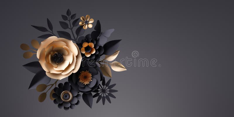 3d Render, Abstract Black Background with Bouquet of Paper Flowers and  Leaves, Golden Rose Botanical Wallpaper, Floral Craft Stock Illustration -  Illustration of feminine, halloween: 231523562