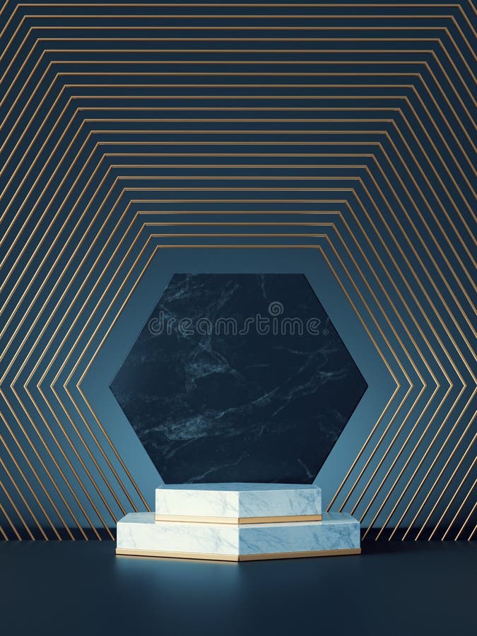 3d render, abstract blue background with white marble podium and black hexagonal memorial board, art deco platform with golden vector illustration