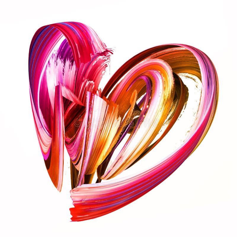 3d render, abstract brush stroke, creative smear clip art, paint splash, heart shape splatter, colorful curl, artistic ribbon vector illustration