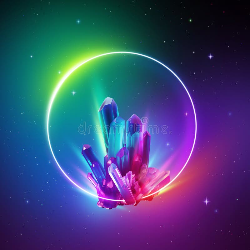 3d Render, Abstract Colorful Neon Background with Crystals and Round ...