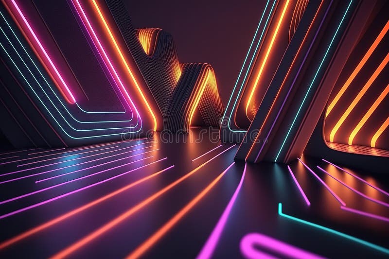 3d Render, Abstract Cosmic Panoramic Background, Blue Pink Neon Rays