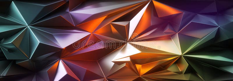 3d render, abstract crystal background illuminated with colorful light, horizontal polygonal wallpaper, shiny metallic texture stock illustration