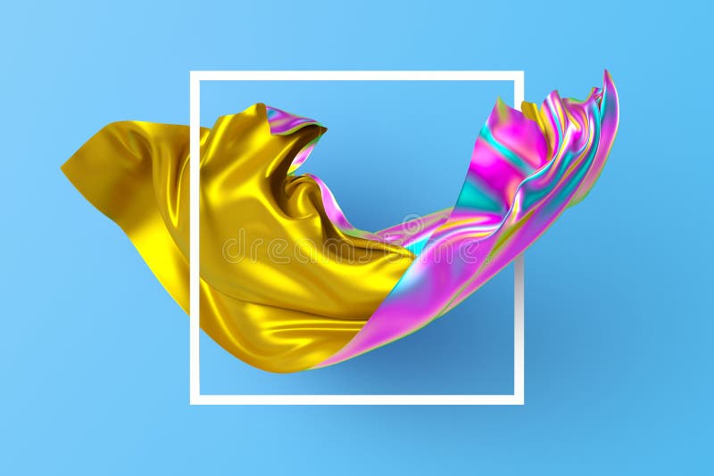 3d render, abstract fashion background, folded cloth falling, unveiling multicolor textile, iridescent holographic foil, minimal