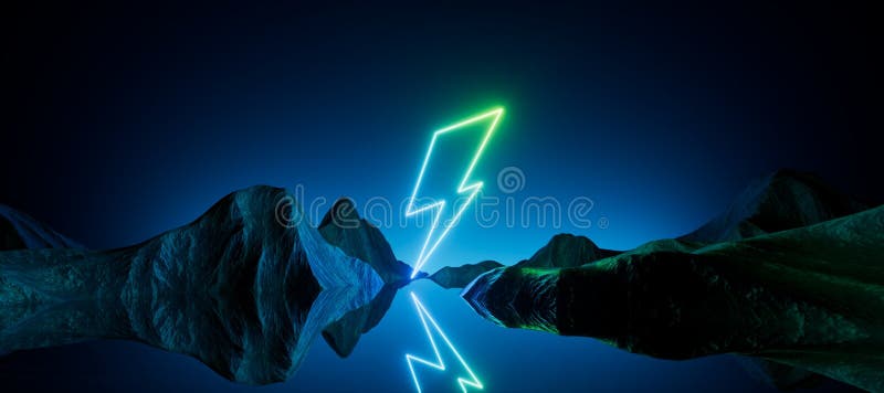 3d render, abstract futuristic background. Neon bolt sign, lightning or thunder symbol glowing in the dark night, extraterrestrial vector illustration