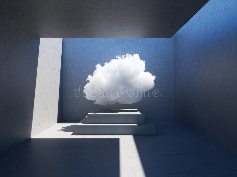 3d render, abstract futuristic urban background. White cloud levitate above the pedestal, inside the empty room with concrete vector illustration