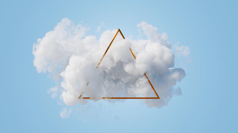 3d render, abstract geometric background of gold linear triangle inside the white cloud, floating mystic vapor, futuristic royalty free illustration