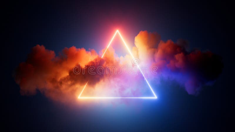 3d render, abstract geometric background of neon linear triangle inside the illuminated colorful cloud, futuristic minimalist stock illustration