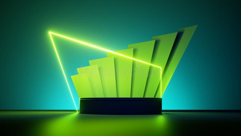 3d render, abstract green neon background with ribbons, glowing line and empty podium. Futuristic showcase with platform for product presentation.