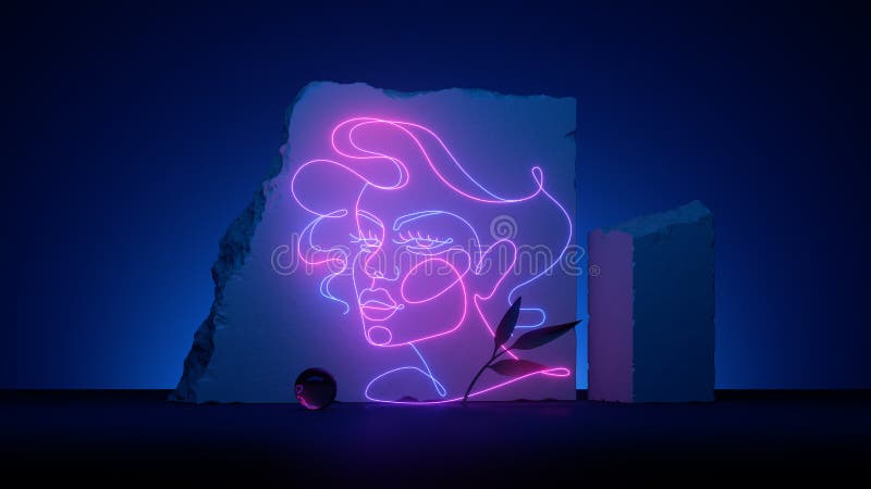 3d Render. Abstract Linear Art of Woman Portrait Glowing with Pink Blue