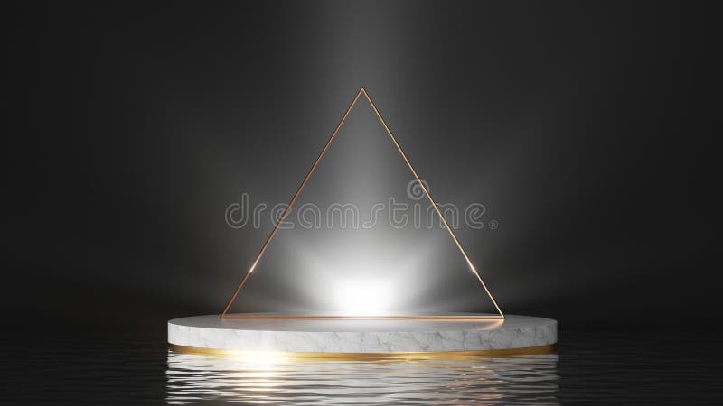 3d render, abstract minimal background, showcase with white marble podium, shiny light, golden triangular frame and reflections in royalty free illustration