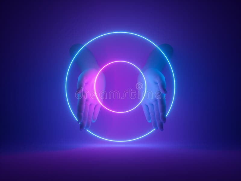 3d render, abstract minimal neon background, mannequin hands in ultraviolet light, pink blue glowing rings, magical round shapes