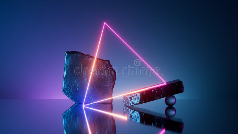 3d render, abstract minimalist geometric background with glowing neon linear triangle, cobble stone rocks and mirror reflection. stock illustration