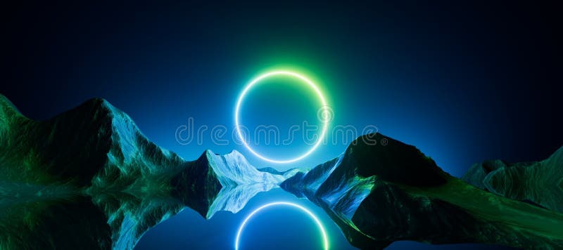 3d render, abstract minimalist neon background. Glowing circle, blank round frame. Extraterrestrial landscape. Rocks and water royalty free illustration