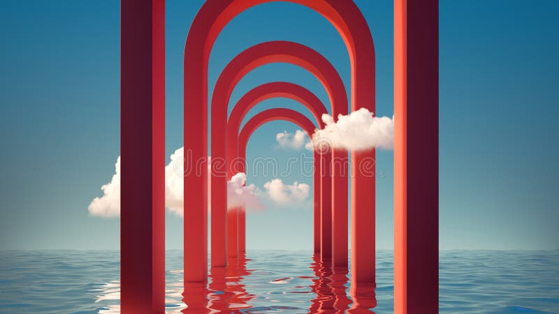 3d render, abstract modern background with white clouds, round red arches and water. Simple panoramic wallpaper vector illustration