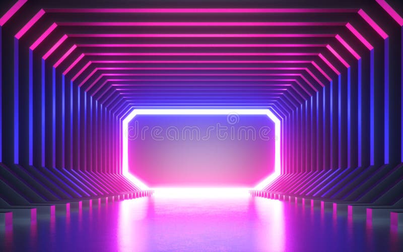 3d render, abstract neon background, blank frame, virtual reality screen, ultraviolet spectrum, laser show, fashion podium, stage vector illustration