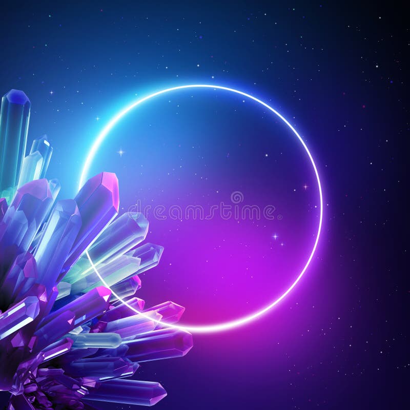 3d Render, Abstract Neon Background with Crystals and Round Frame Over ...
