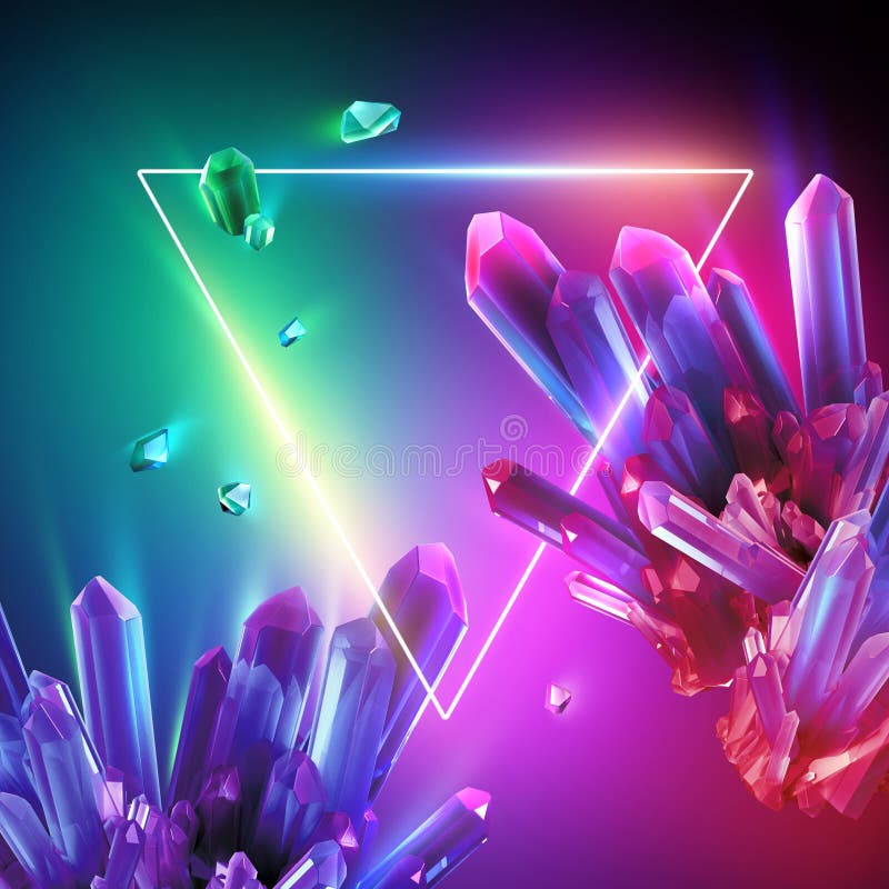 3d Render, Abstract Neon Background with Crystals and Triangular Frame.  Esoteric Wallpaper Stock Illustration - Illustration of futuristic,  background: 196412036