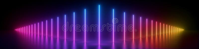 3d render, abstract panoramic background, glowing vertical lines, neon lights, ultraviolet spectrum, virtual reality, laser show vector illustration