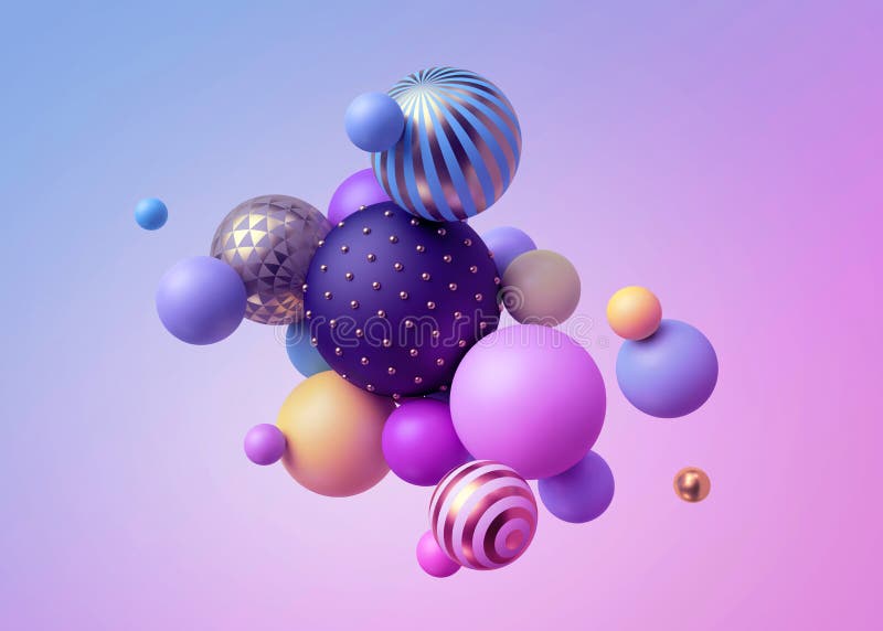 3d render, abstract pastel balls, pink blue balloons, geometric background, multicolored primitive shapes, minimalistic design