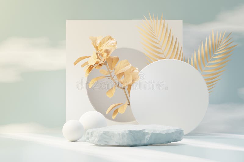 3d render of abstract pedestal podium display with Tropical leaves and Blue sky clouds pastel and plant scene. Product and