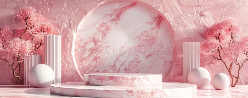 3d redarea fundalului abstract roz cu podium circular gol și forme plutitoare vector illustration