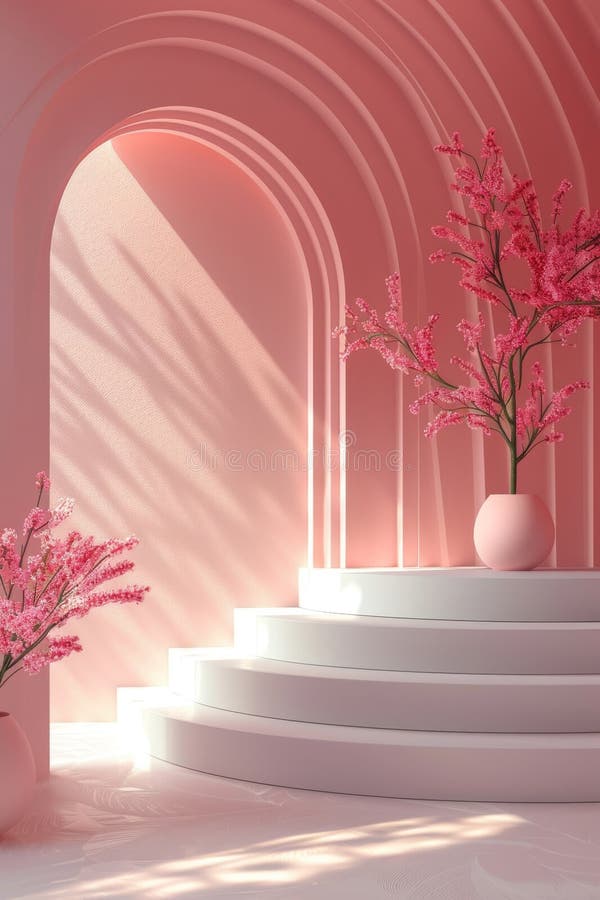 3d redarea fundalului abstract roz cu design-uri goale de podium și arcuri vector illustration