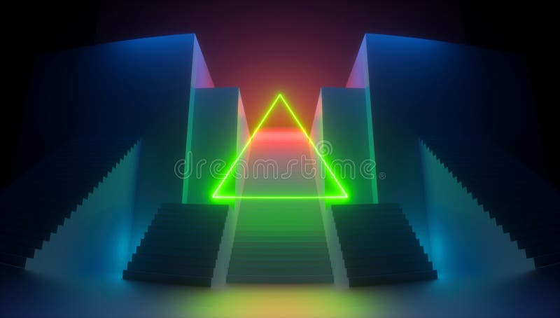 3d render, abstract red blue background, glowing triangle, green neon light. Empty frame. Architectural urban retro scene stock illustration