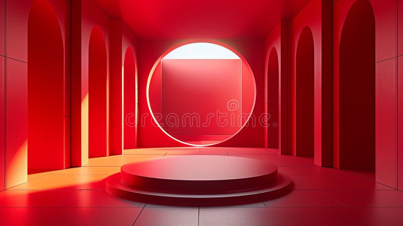 3D Render of Abstract red Composition with Podium. Minimal Studio with Round Pedestal and Copy Space stock illustration