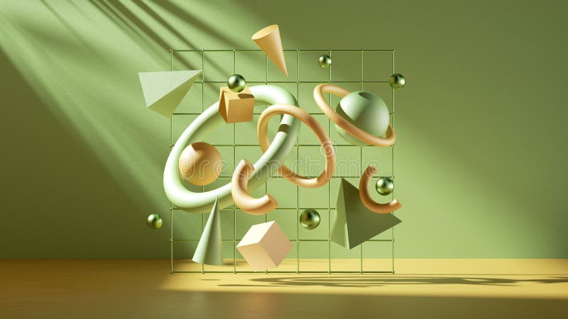 3d render, abstract scene with assorted geometric shapes levitating. Toys on green background stock illustration
