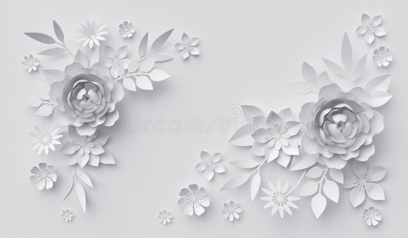 3d render, abstract white paper flowers, horizontal floral background, decoration, greeting card template stock illustration